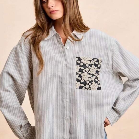 BiBi Flower Jacquard Knit Patch Pocket Stripe Shirt - Picture 13 of 16